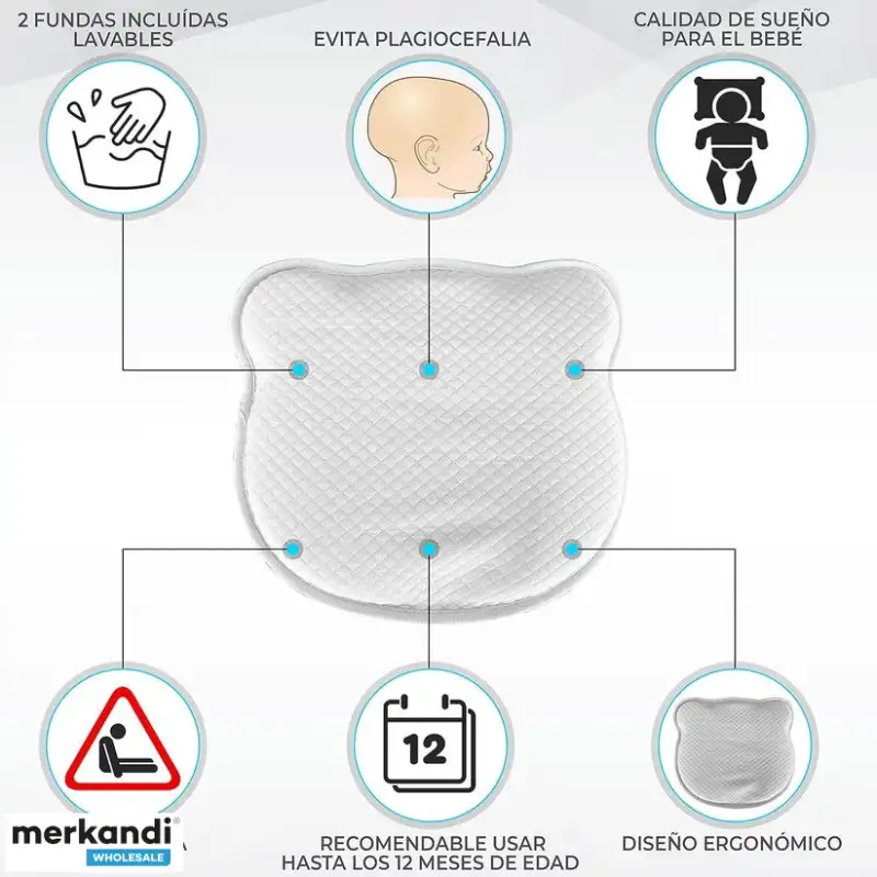 Almohada viscoelástica para bebés, evita la cabeza plana y la plagiocefalia, 2 fundas extraíbles y lavables.