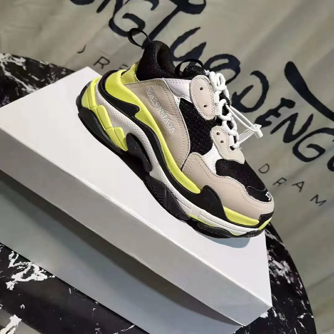 Balenciaga Mujer Zapatos Triple S Gris Neón Amarillo Blanco Cuero