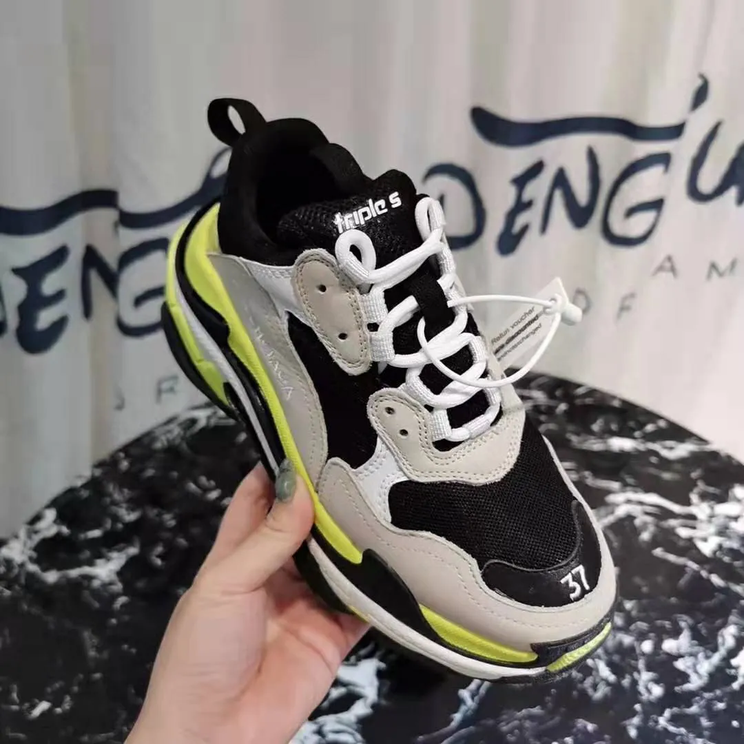 Balenciaga Mujer Zapatos Triple S Gris Neón Amarillo Blanco Cuero