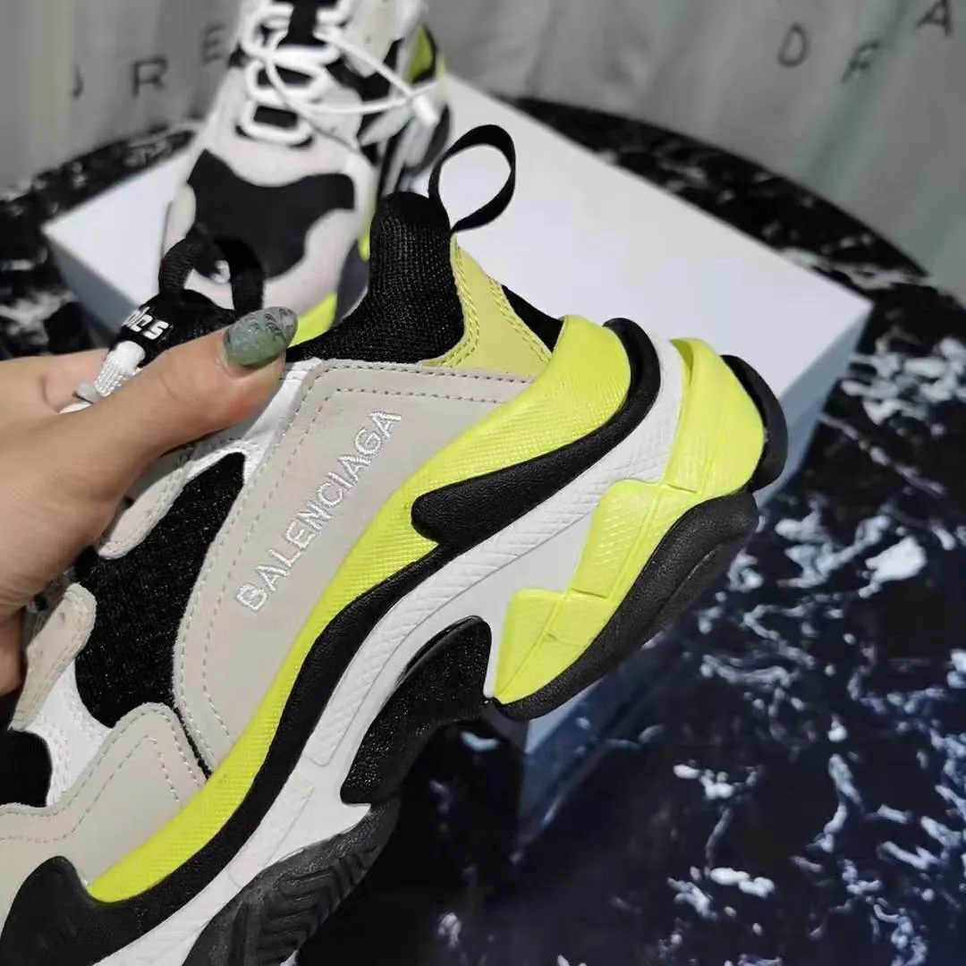 Balenciaga Mujer Zapatos Triple S Gris Neón Amarillo Blanco Cuero