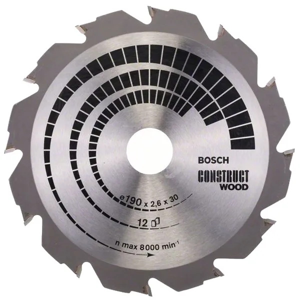 Bosch - Construct Wood - Hoja de sierra circular,madera con clavos, 190x30x2.6mm, 12 dientes