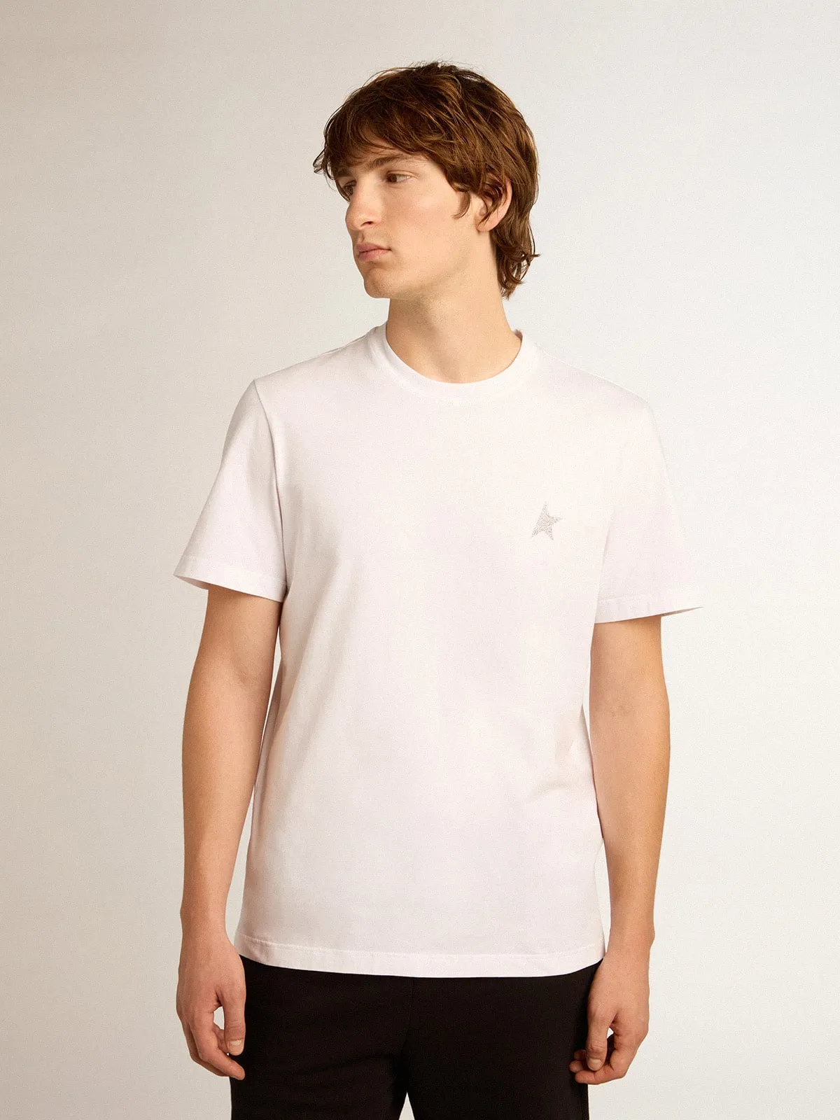 Camiseta blanca con estrella de purpurina plateada para hombre