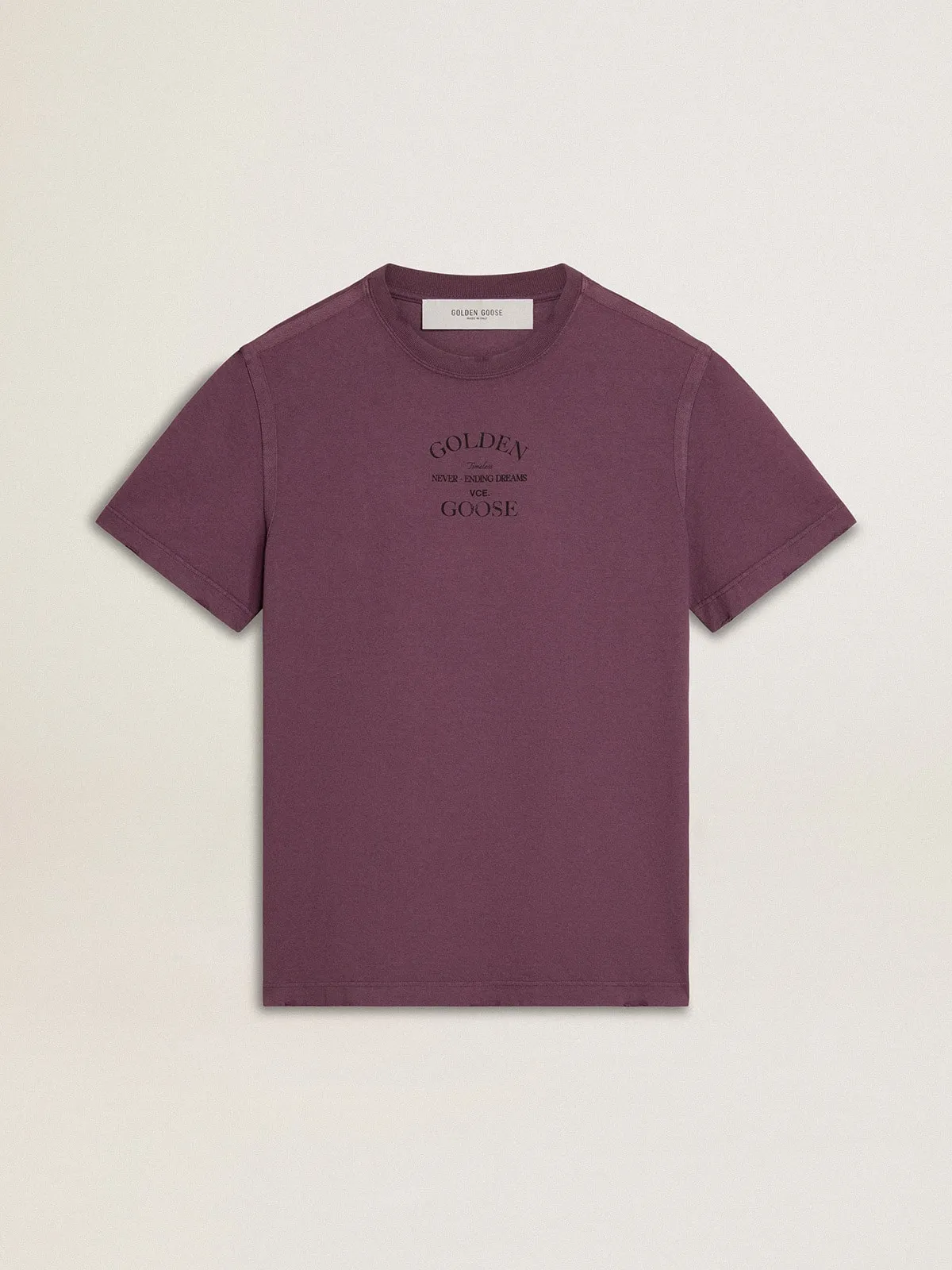 Camiseta en algodón violeta envejecido con estampado con logotipo