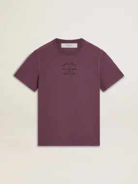 Camiseta en algodón violeta envejecido con estampado con logotipo