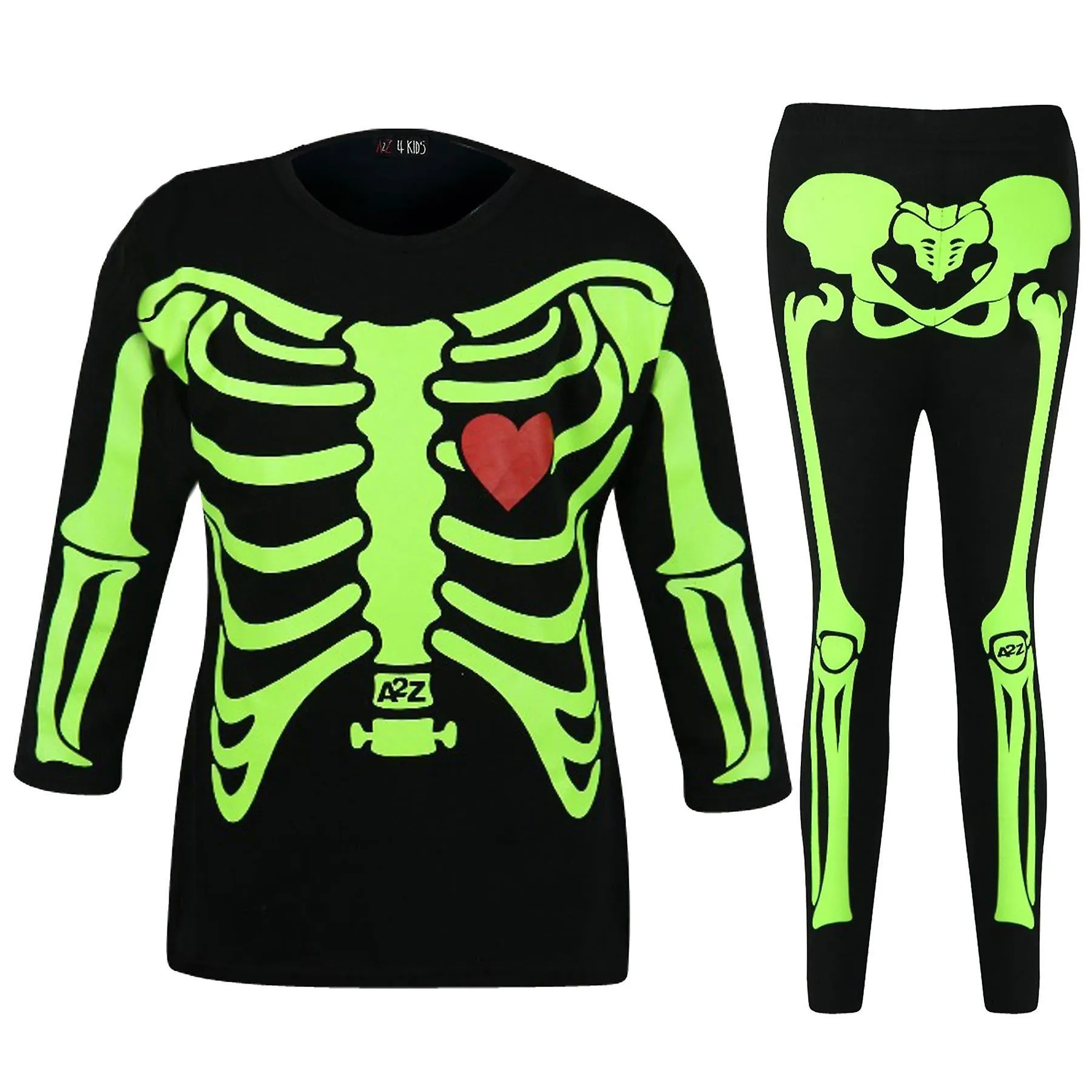 Girls Skeleton Print T Shirt Top & Legging Neón Verde Halloween Set