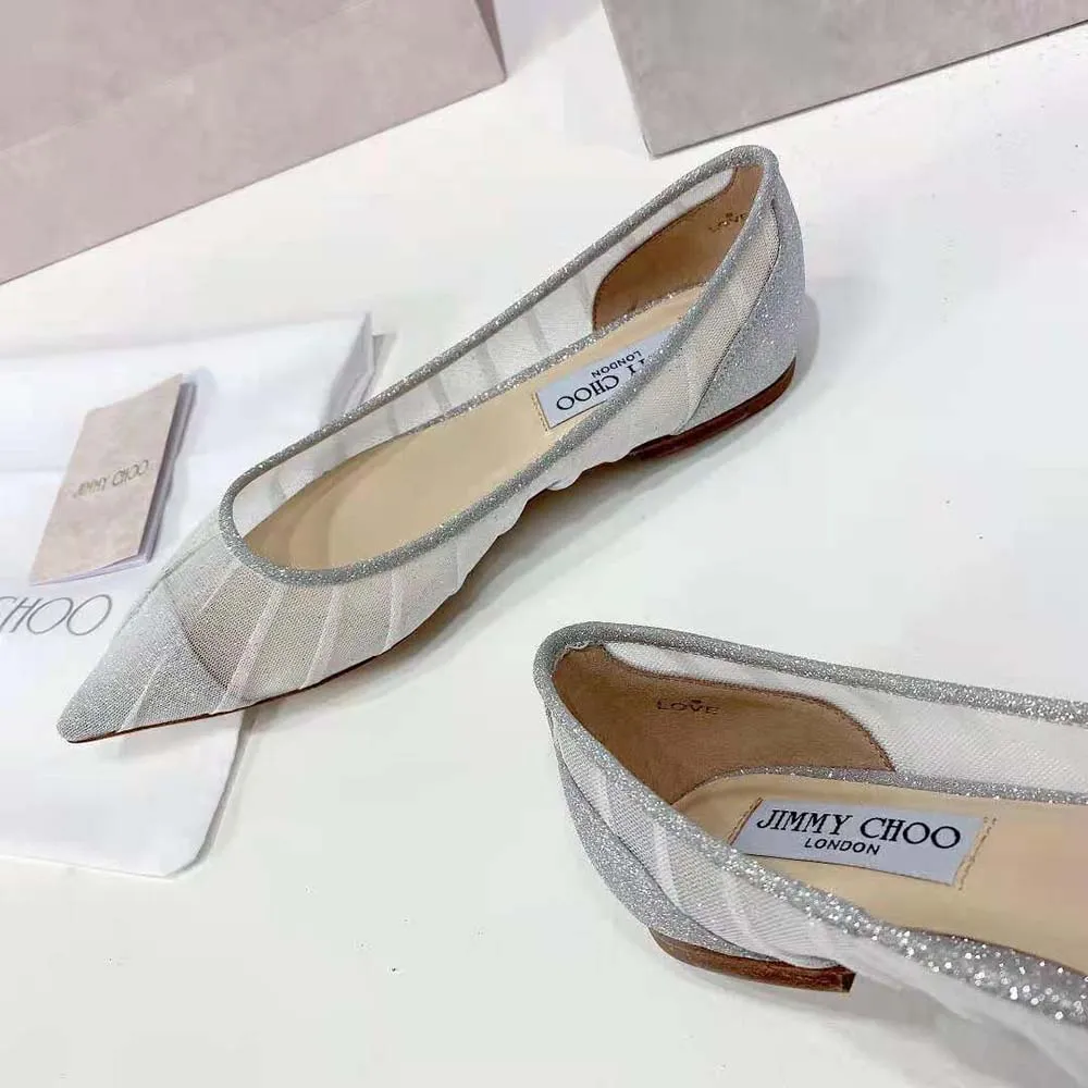 Jimmy Choo Mujeres Love Flat Zapatos planos de tela con purpurina plateada metálica