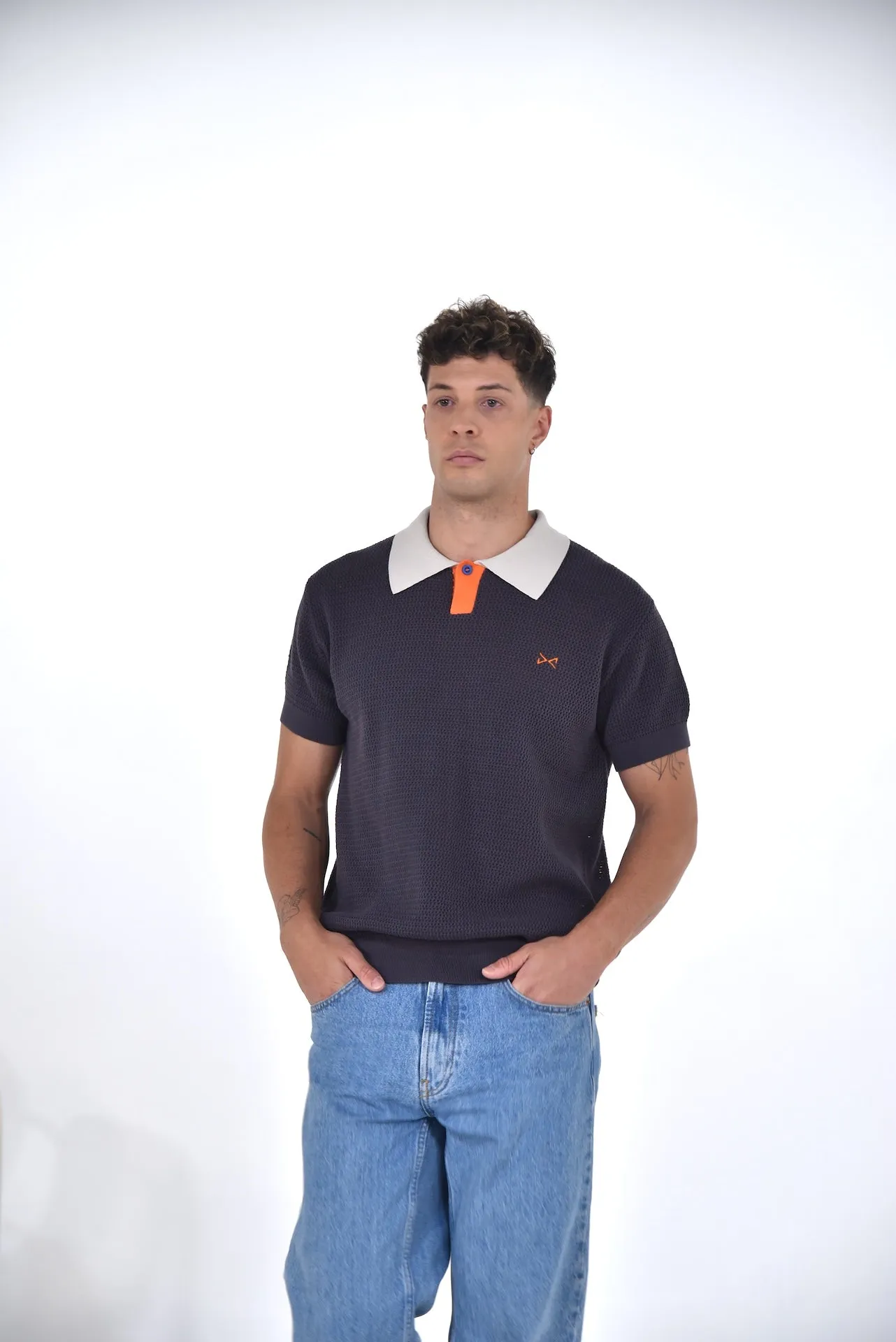 Men's Short Sleeve Mesh Polo w/ Button AZUL MARINO