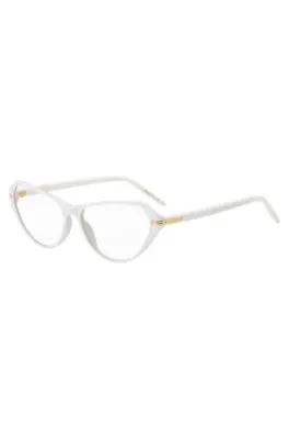 Montura para gafas graduadas de acetato blanco con detalles metálicos dorados