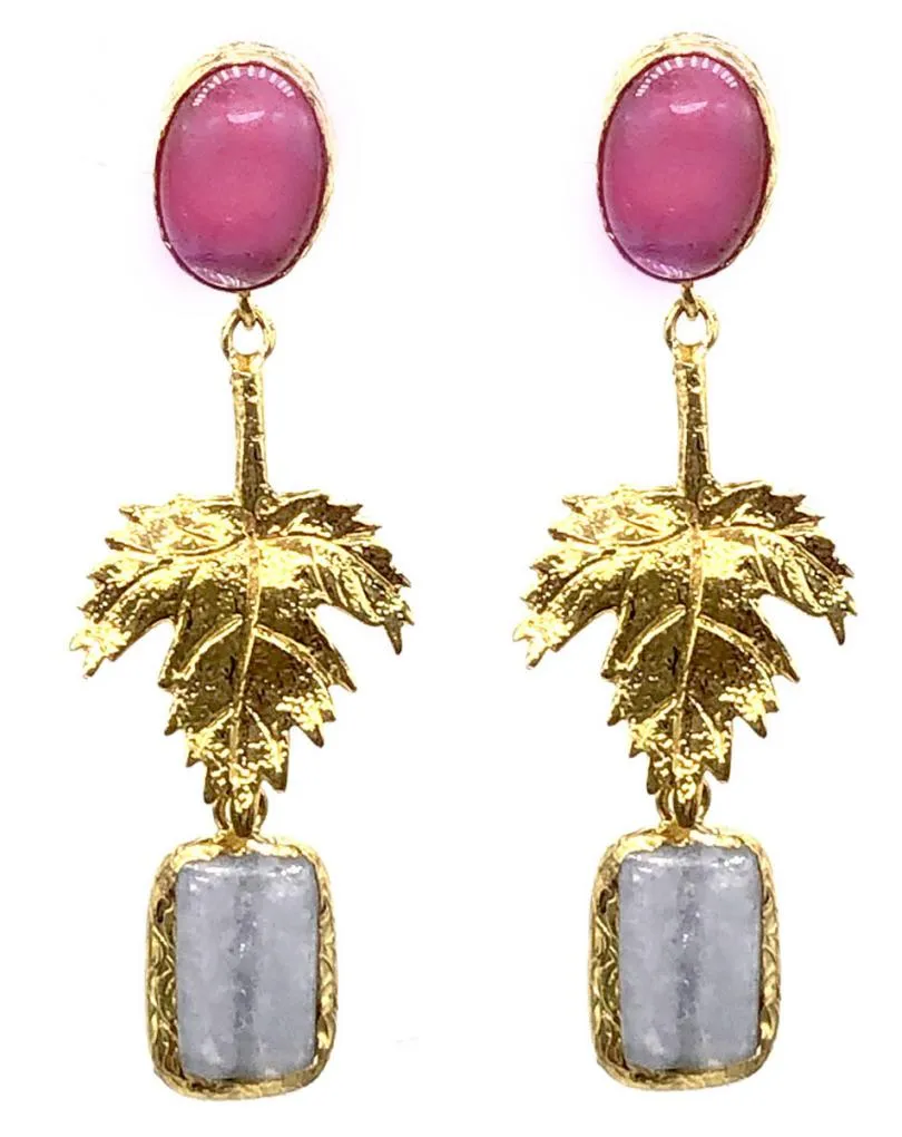 PENDIENTES MUJER LARGOS CON HOJA BAÑADA EN ORO Y PIEDRAS NATURALES EN COLOR ROSA Y GRIS