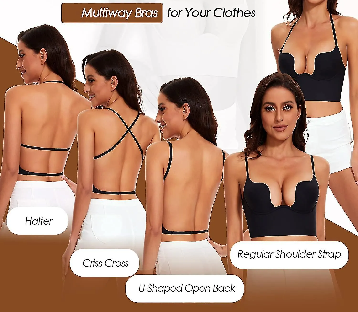 Sujetadores de espalda baja para mujeres sin costuras Deep U Plunge Sujetadores sin espalda convertibles Multiway Low Cut Open B