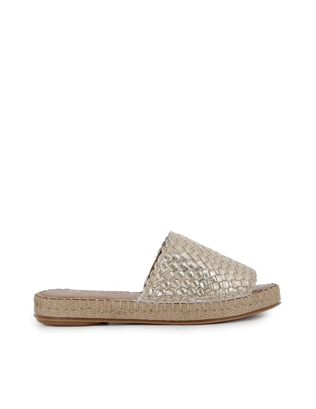 Zapato plano destalonado yute y piel pala trenzada mujer dorado. CARMELA